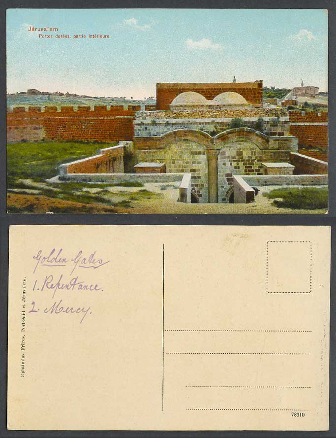 Palestine Old Postcard Jerusalem Portes Dorees Partie Interieure Golden Gate Int