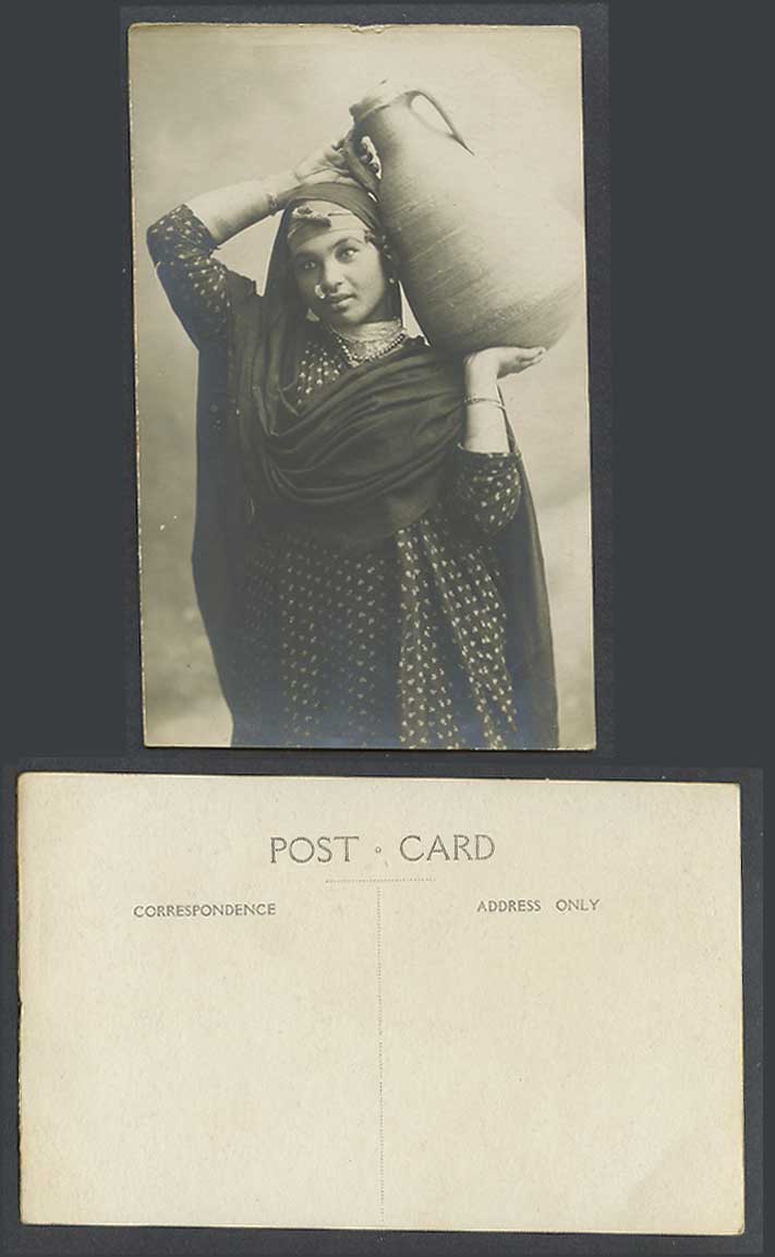 Egypt Old Real Photo Postcard Native Egyptian Woman Lady Carry Pitcher Nose Ring