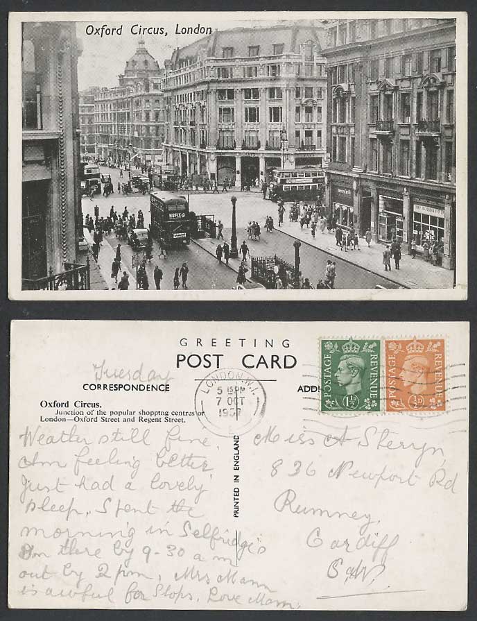 London 1952 Old Postcard Oxford Circus Street Scene, Early Buses, Shops Stores