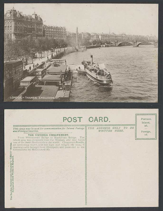 London Old Postcard Thames Embankment, Cleopatra Needle, Boats Bridge River TRAM