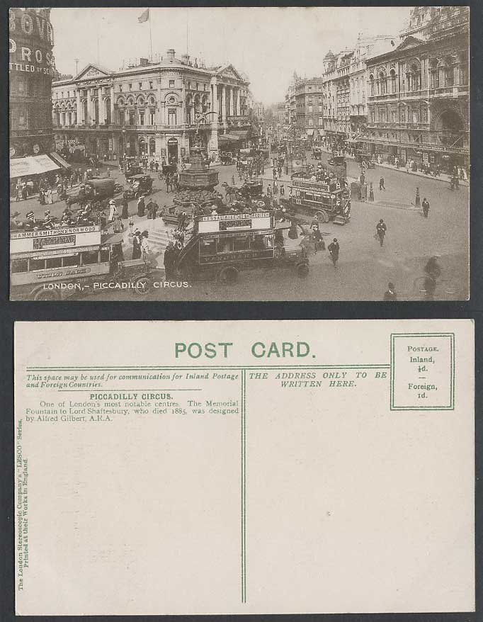 London Old Postcard Piccadilly Circus, Eros Memorial Fountain Alfred Gilbert ARA