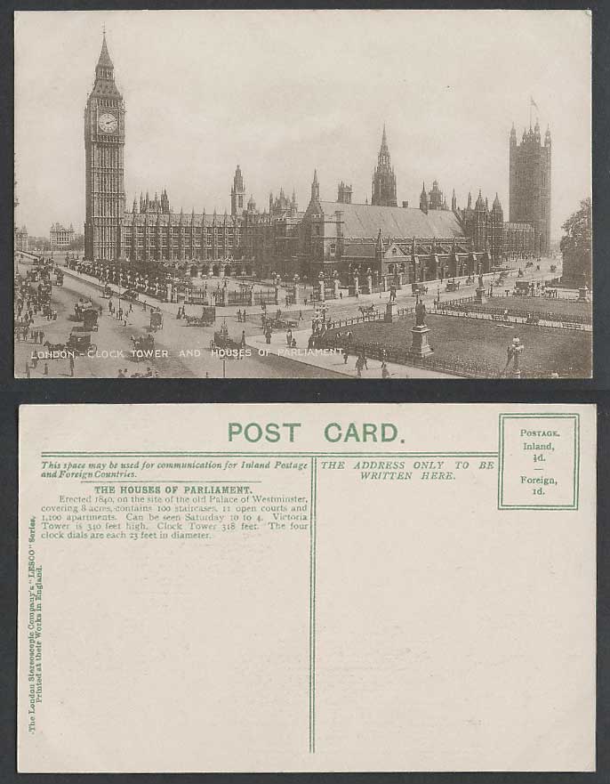 London Old Postcard Houses of Parliament Big Ben Clock Tower Street Scene, LESCO