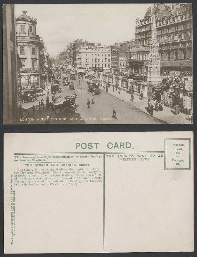 London Old Postcard The Strand and Charing Cross, Street Scene, Bureau de Change