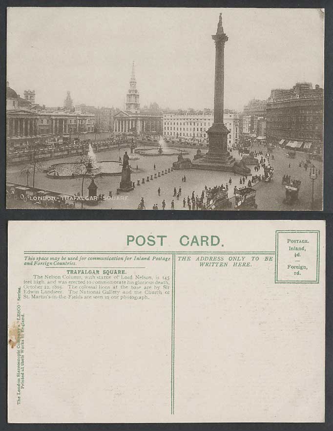 London Old Postcard Trafalgar Square Street Scene, Nelson Column, Colossal lions