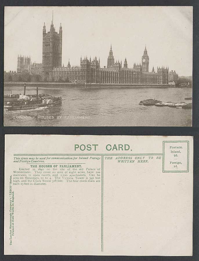 London Old Postcard Houses of Parliament, Big Ben, Paddle Steamer, Thames River