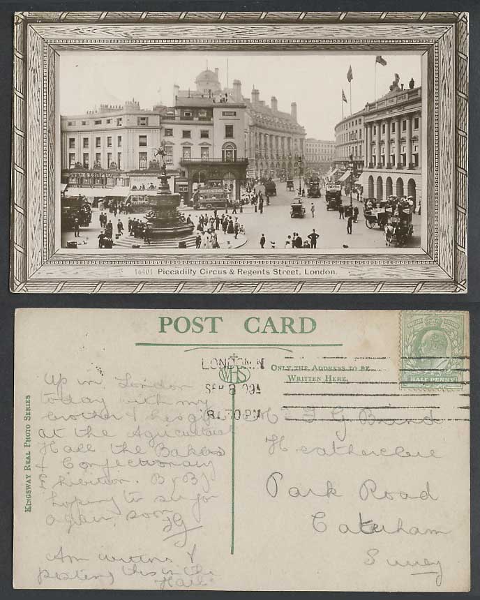 London 1909 Old R.P. Postcard Piccadilly Circus Regents Street Scene Eros Statue