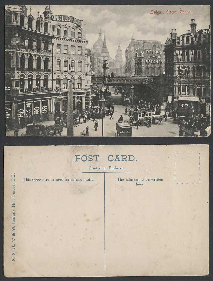 London Old Postcard Ludgate Circus Bridge Street Scene, Peck's Lever Watches IOM