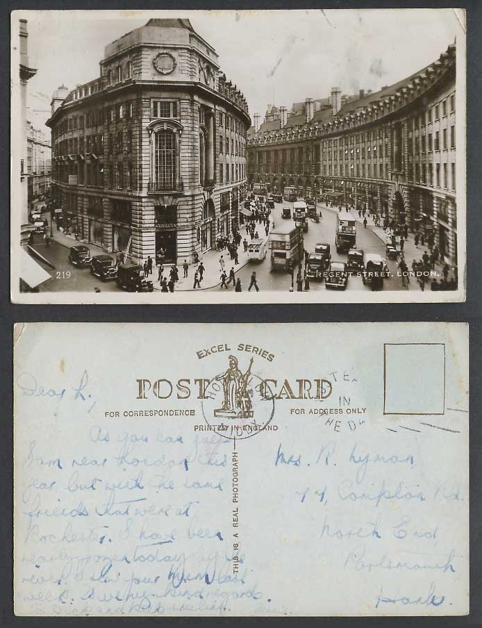 London 1940 Old Real Photo Postcard Regent Street Scene, Buses, Cars, Aquasoutum