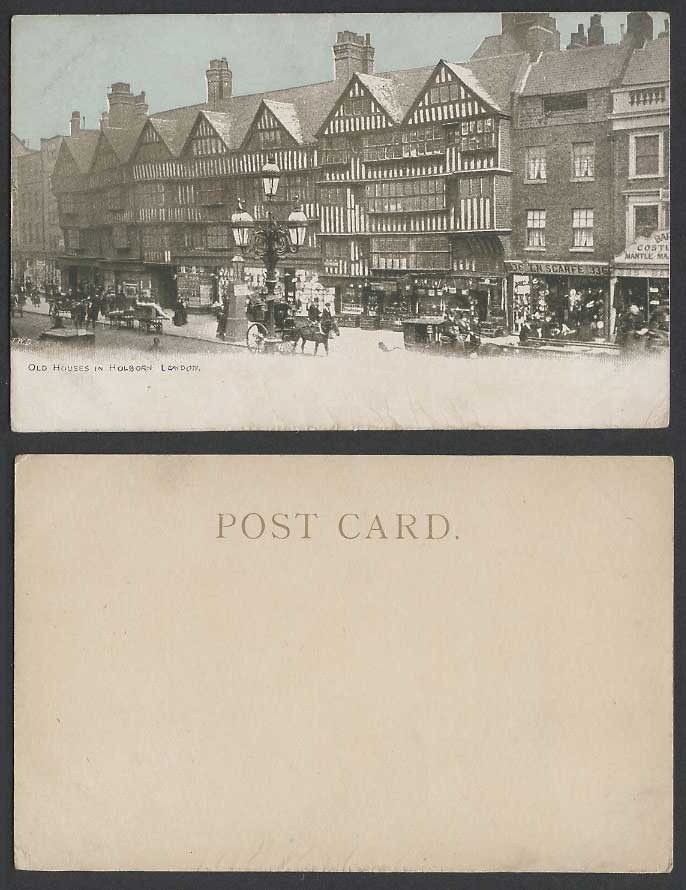 London Old Houses in Holborn Vintage UB Postcard Street Scene, Horse Carts Shops