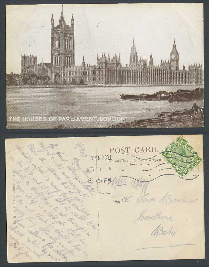 London Old Postcard Houses of Parliament, Big Ben Clock Tower Thames River Boats