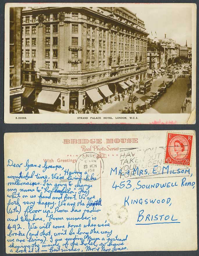 London 1958 Old Real Photo Postcard Strand Palace Hotel, Street Scene Motor Cars