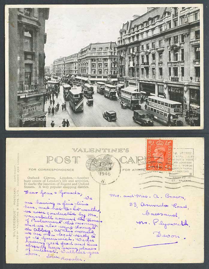 London 1946 Old Postcard Oxford Circus Regent Arcade Street Westminster Bank Car