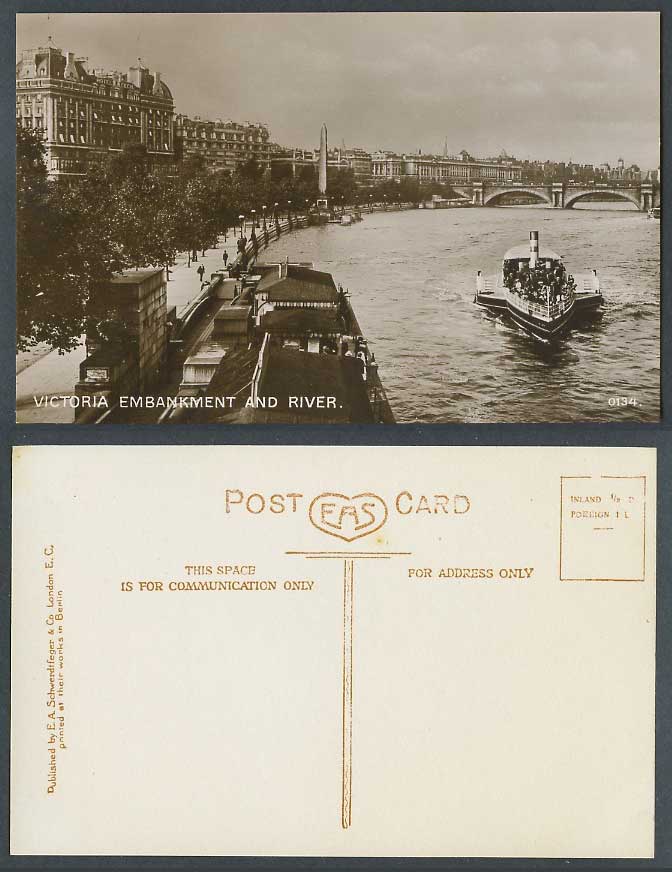 London Old Real Photo Postcard Victoria Embankment River Thames Bridge Ferryboat
