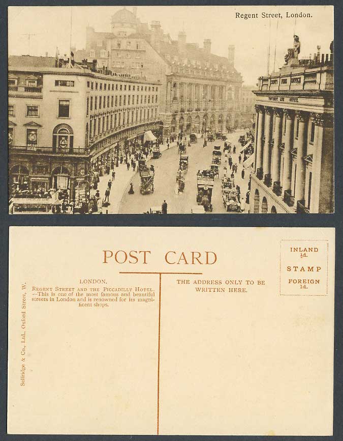 London Old Postcard Regent Street Scene and Piccadilly Hotel, Selfridge & Co Ltd