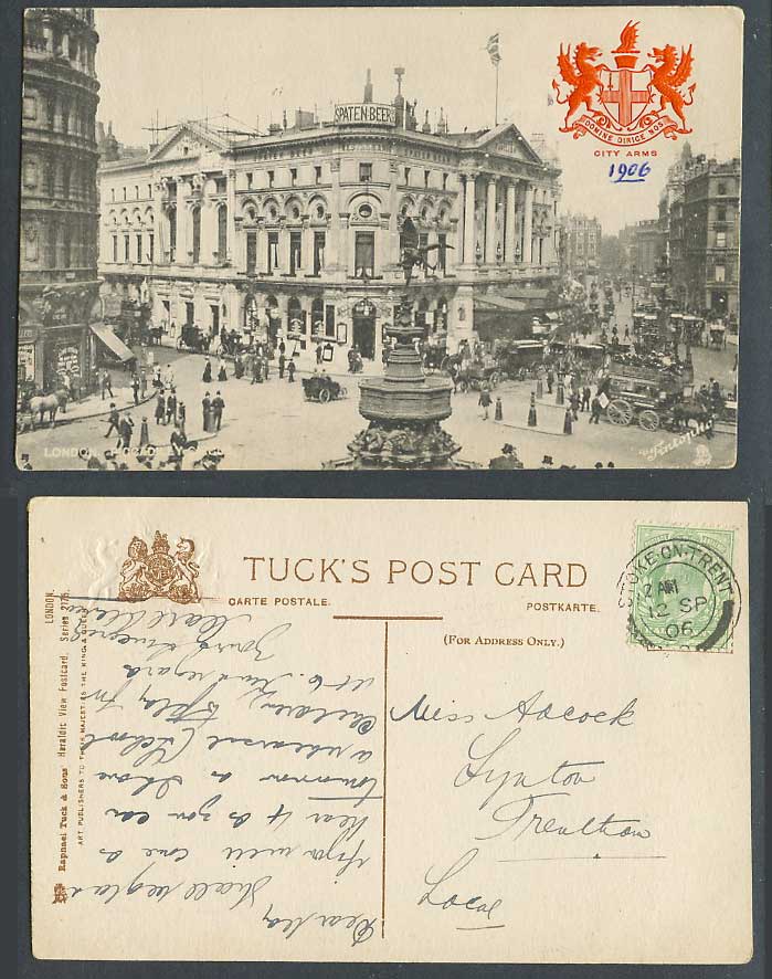 London City Arms 1906 Old Tuck's Postcard Piccadilly Circus, Eros Statue Street