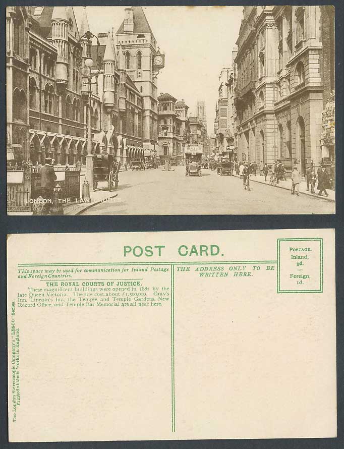London Old Postcard The Law Courts Street Scene Clock Cyclists Clock Maple & Co.