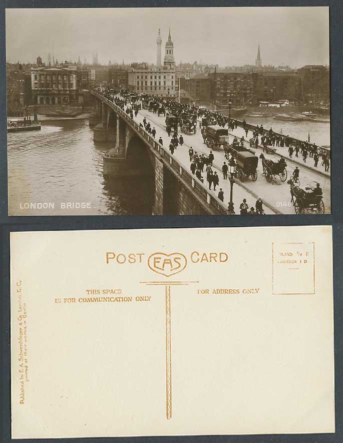 London Bridge, Thames River, Monument, Horse Carts Boats Old Real Photo Postcard