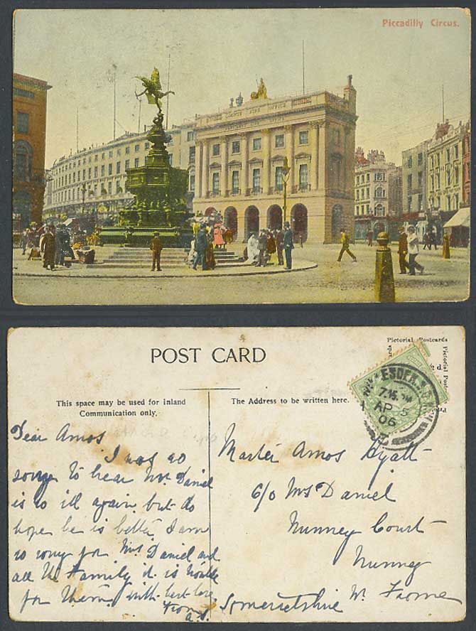 London 1906 Old Postcard Piccadilly Circus Eros Provident Lif County Fire Office