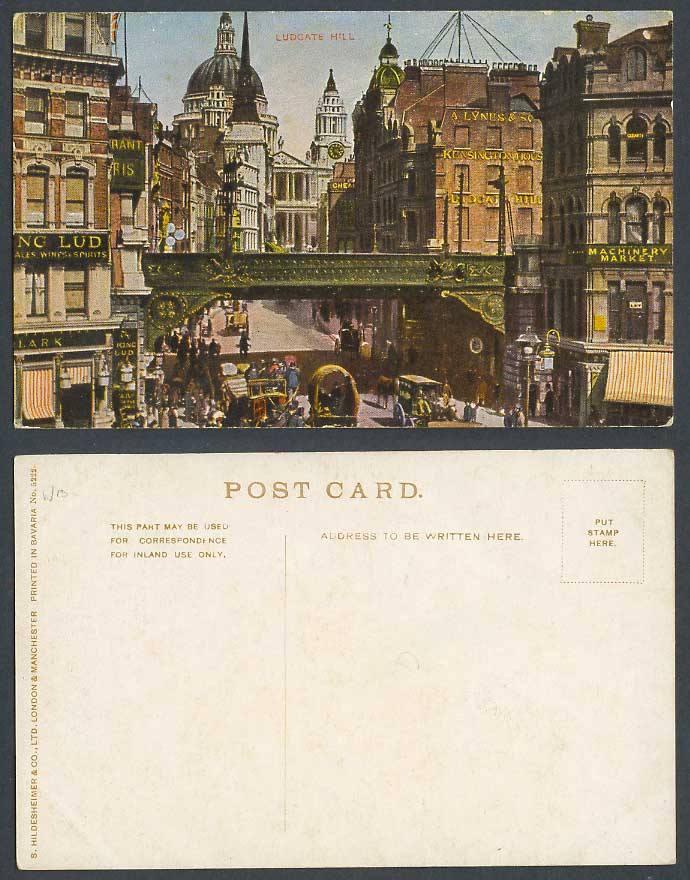 London Old Colour Postcard Ludgate Hill, Bridge, Street Scene, Machinery Market