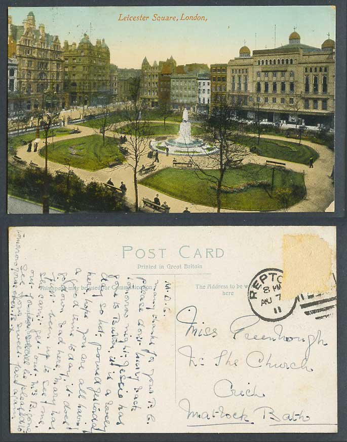 London 1911 Old Colour Postcard Leicester Square Fountain Garden Statue Monument