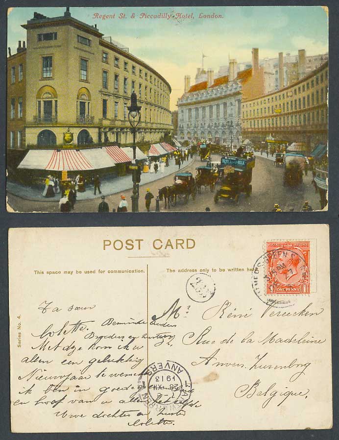 London 1913 Old Postcard Regent Street Scene Piccadilly Hotel Carts Nestles Milk