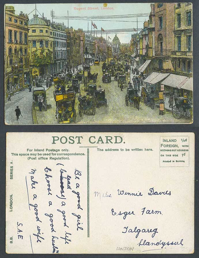 London Old Colour Postcard Regent Street Scene, Shops Horse Carts Carriages TRAM