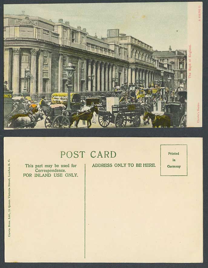 London Old Colour Postcard Bank of England, Street Scene, Horse Carts Carriages