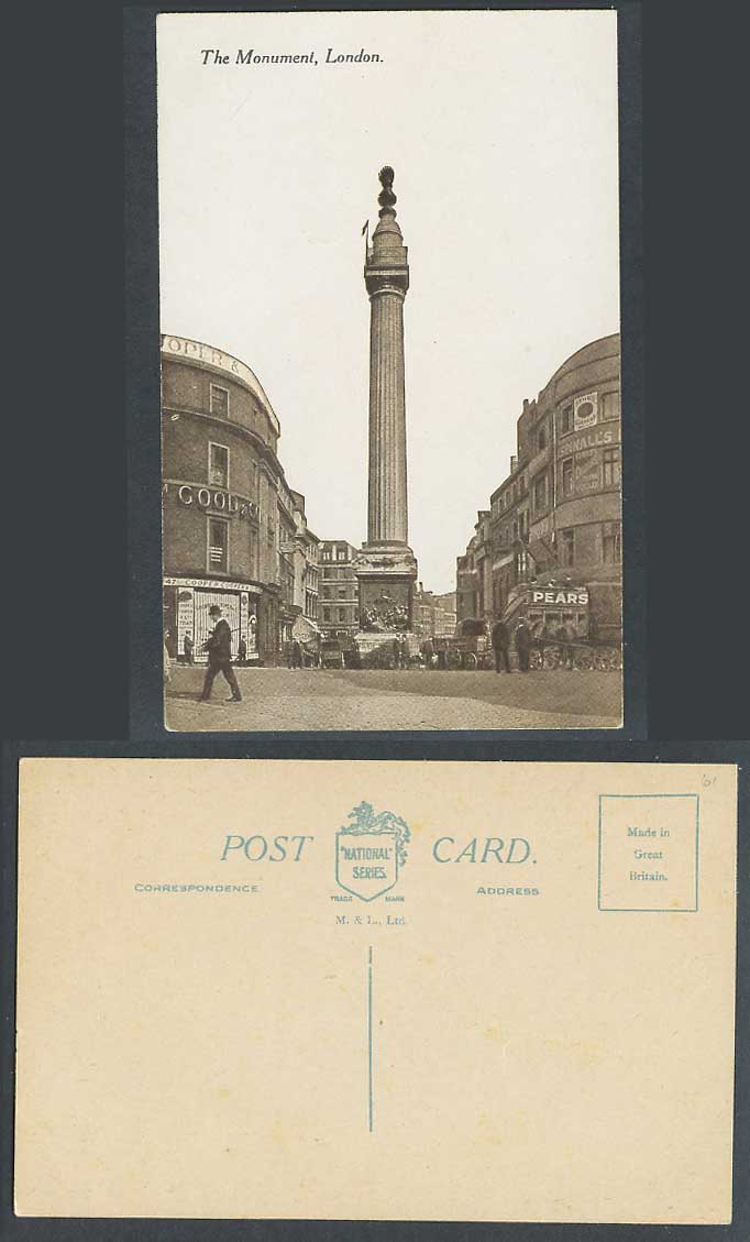 London Old Postcard The Monument, Street Scene Pears Adverts Cooper Cooper & Co.