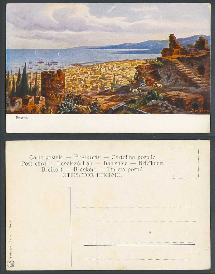 Turkey F. Perlberg Old Postcard Smyrna Smyrne, Ruins Port Harbour Boats Panorama