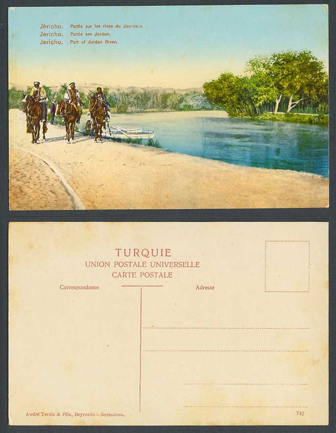 Palestine Old Colour Postcard JERICHO Jordan River Boats Horses Horse Riders Gun