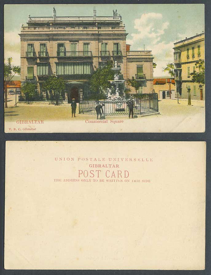 Gibraltar Old UB Colour Postcard Commercial Square Fountain Street Scene Men Boy