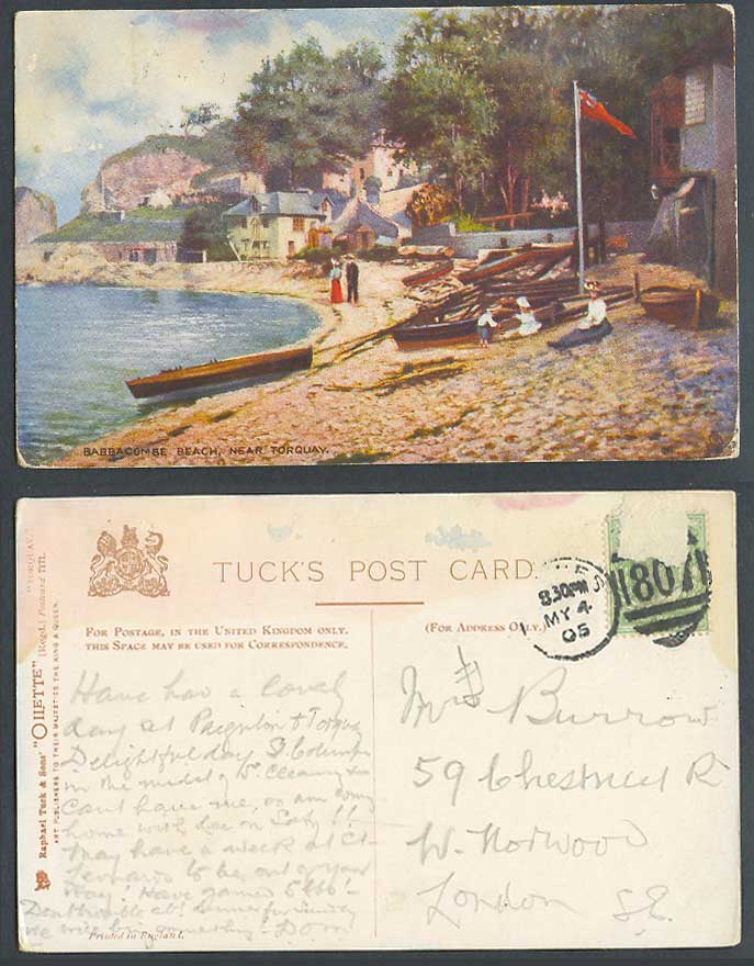 Babbacombe Beach near Torquay, Beach Boats Flag 1905 Old Tuck's Oilette Postcard