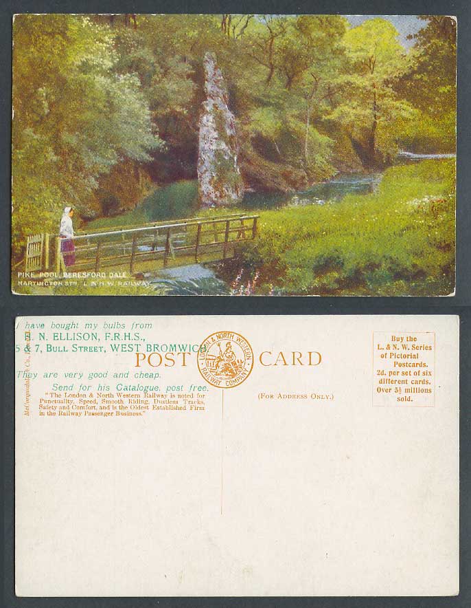 Pike Pool Beresford Dale, Lady Woman on Bridge L&NW Railway Co. Old ART Postcard
