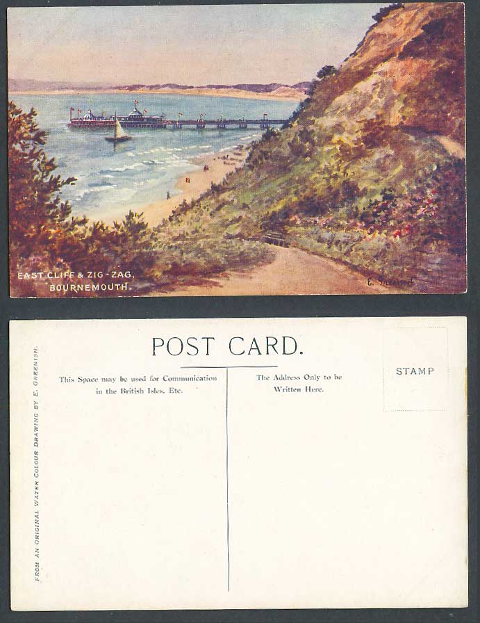 Bournemouth East Cliff Zig Zag Pier Dorset E Greenish Artist Signed Old Postcard