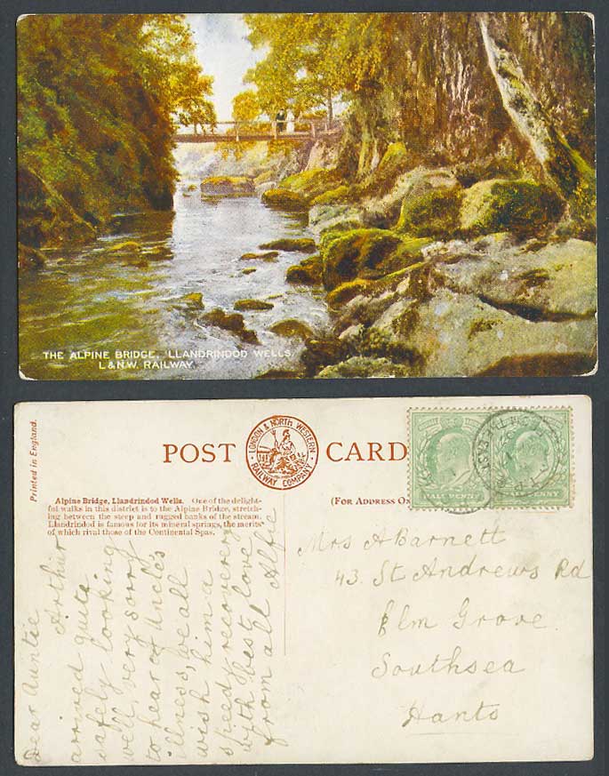 Llandrindod Wells, Alpine Bridge, River Scene L&NW Railway 1907 Old ART Postcard