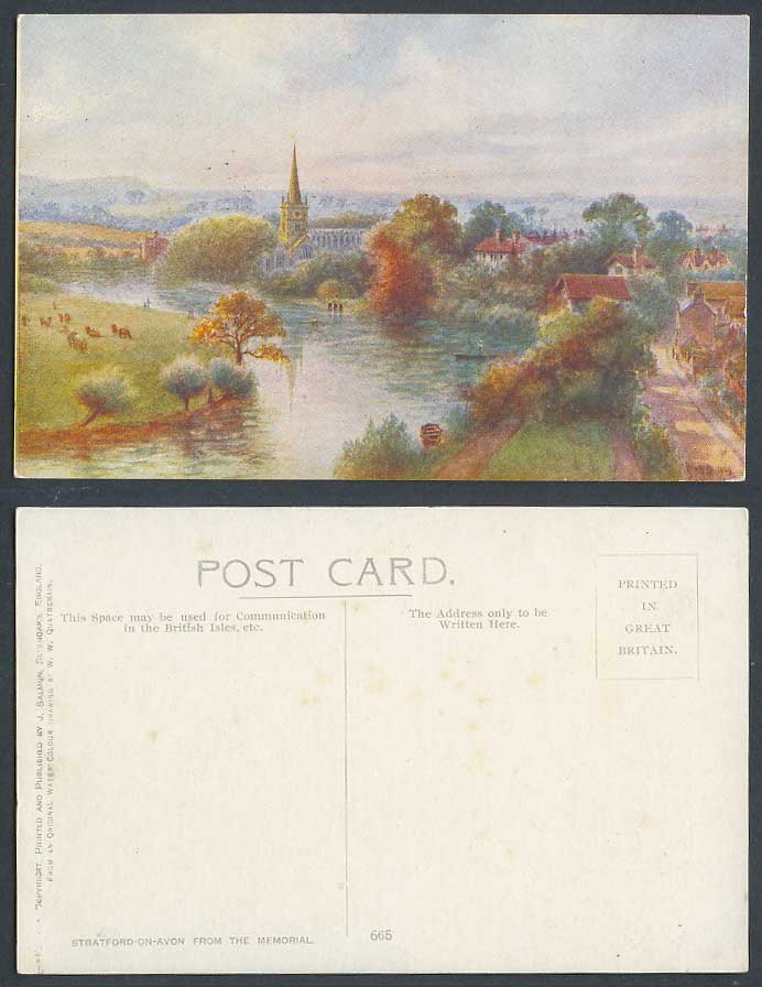 Stratford-upon-Avon from The Memorial W.W. Quatremain Artist Signed Old Postcard