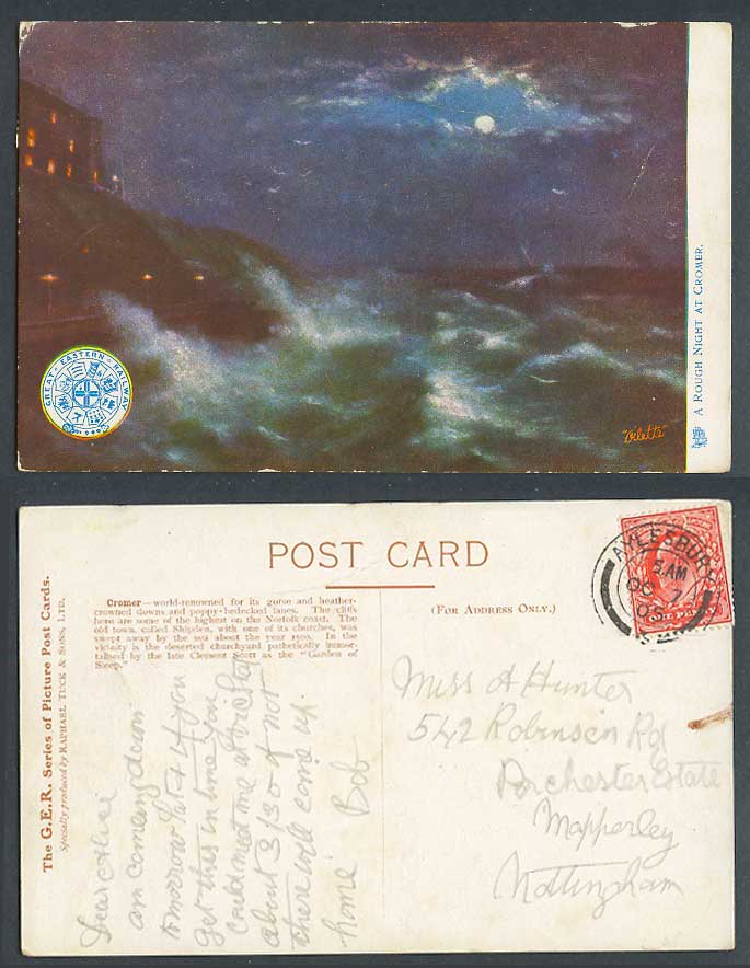 Norfolk A Rough Night at Cromer, Moon, Great Eastern Railway Old Tuck's Postcard