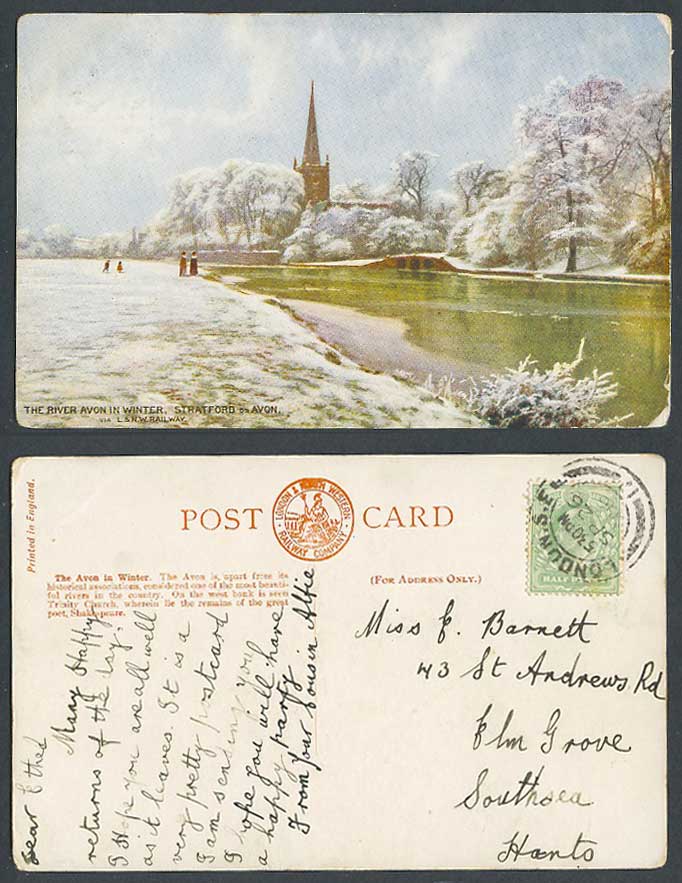 Stratford-upon-Avon, River Avon in Winter via L&NW Railway 1906 Old ART Postcard
