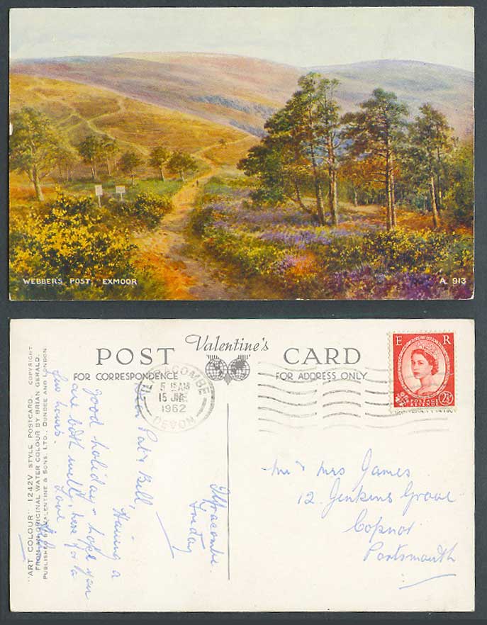 Devon, Webber's Post, Hills Panorama 1962 Old Postcard Brian Gerald Artist Drawn