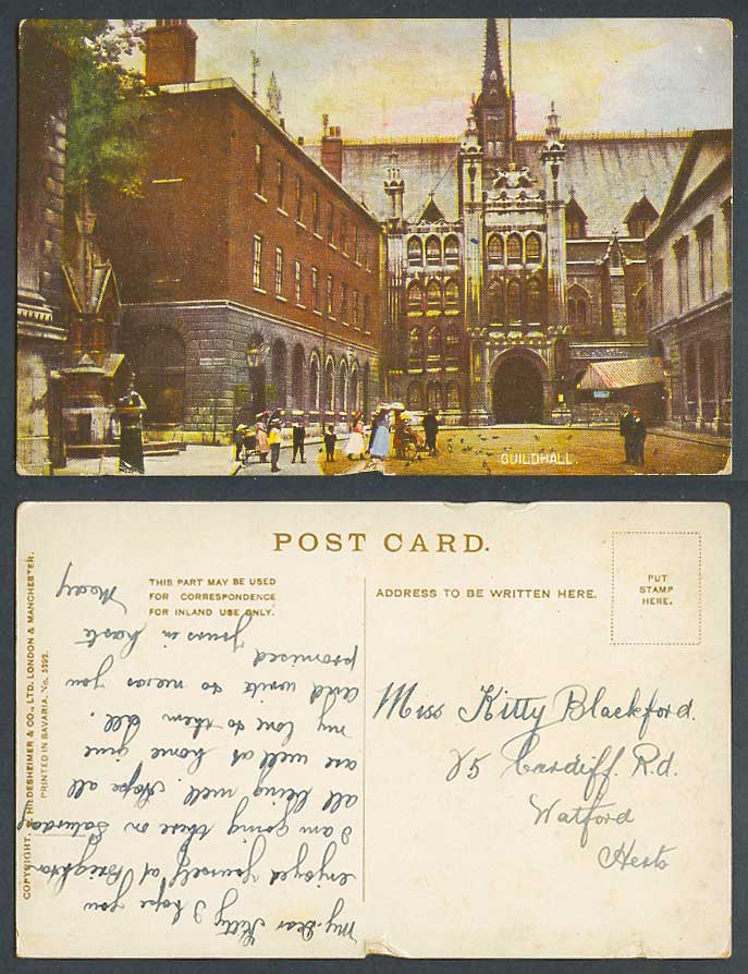 London Old Colour Postcard Guildhall Building, Birds, Children Little Boys Girls