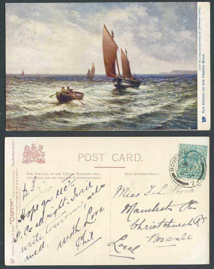 Alexander Young Artist Signed, The Returns of The Fishing Boat 1904 Old Postcard