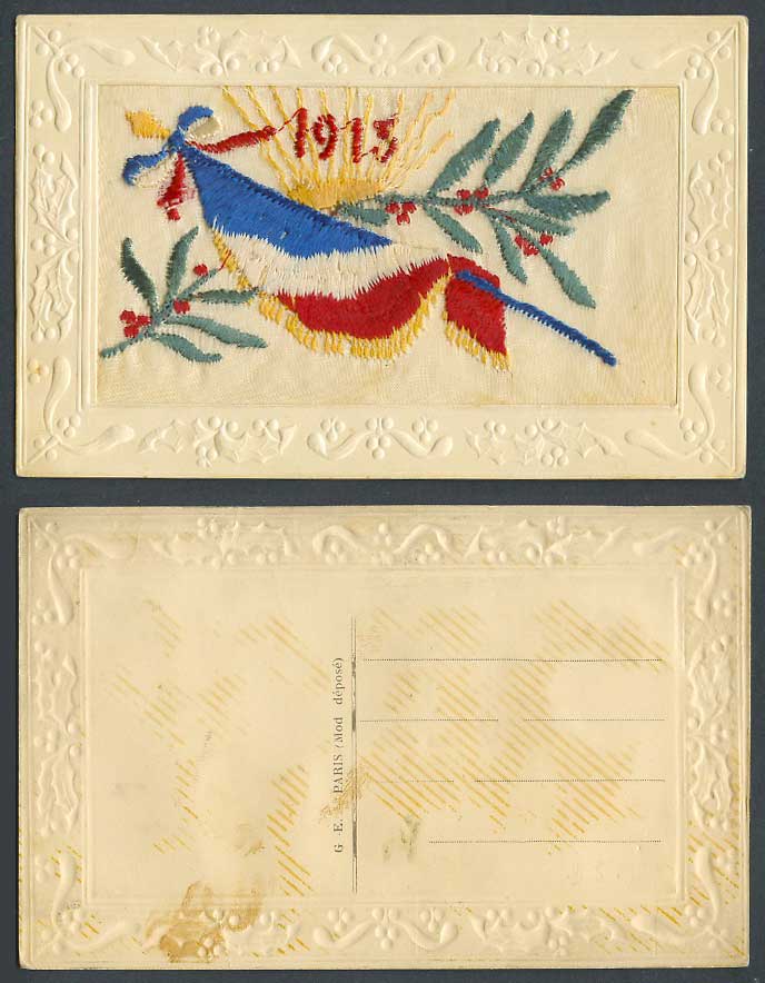 WW1 SILK Embroidered 1915 Old Postcard Sun French Flag Holly, Novelty G.E. Paris