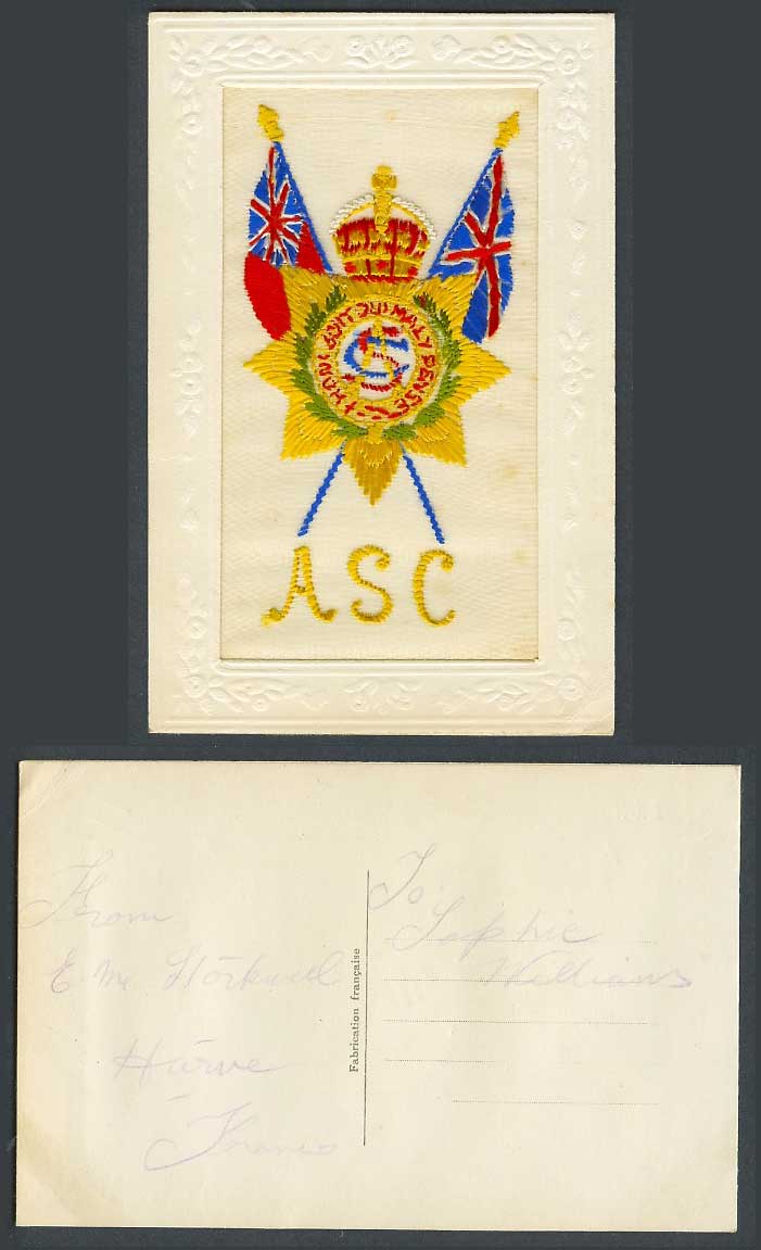 WW1 SILK Embroidered Old Postcard ASC Army Service Corps Flag Flags Coat of Arms