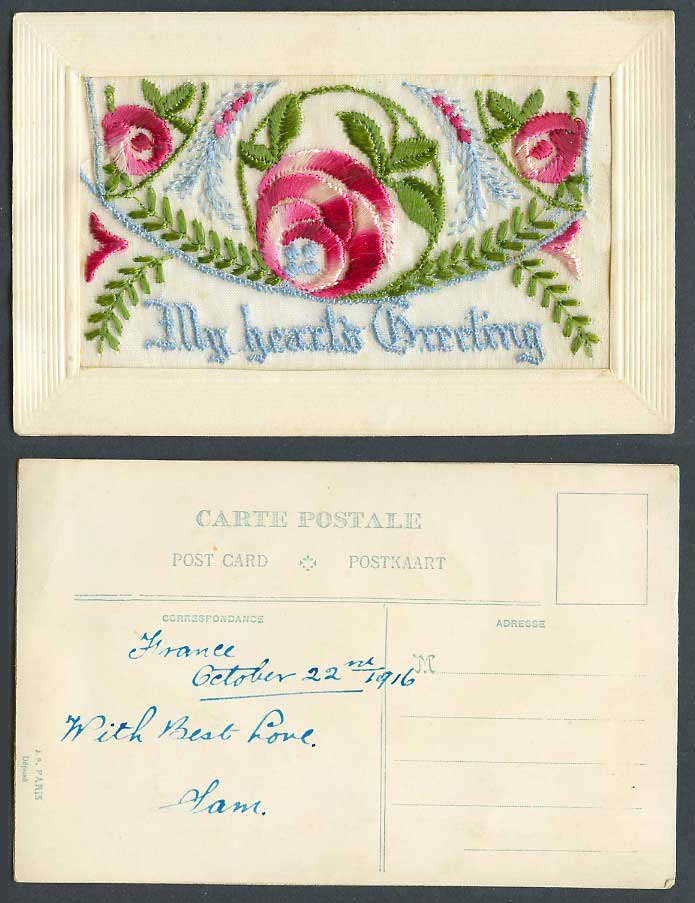 WW1 SILK Embroidered 1916 Old Postcard My Hearts Greeting, Flowers, Empty Wallet