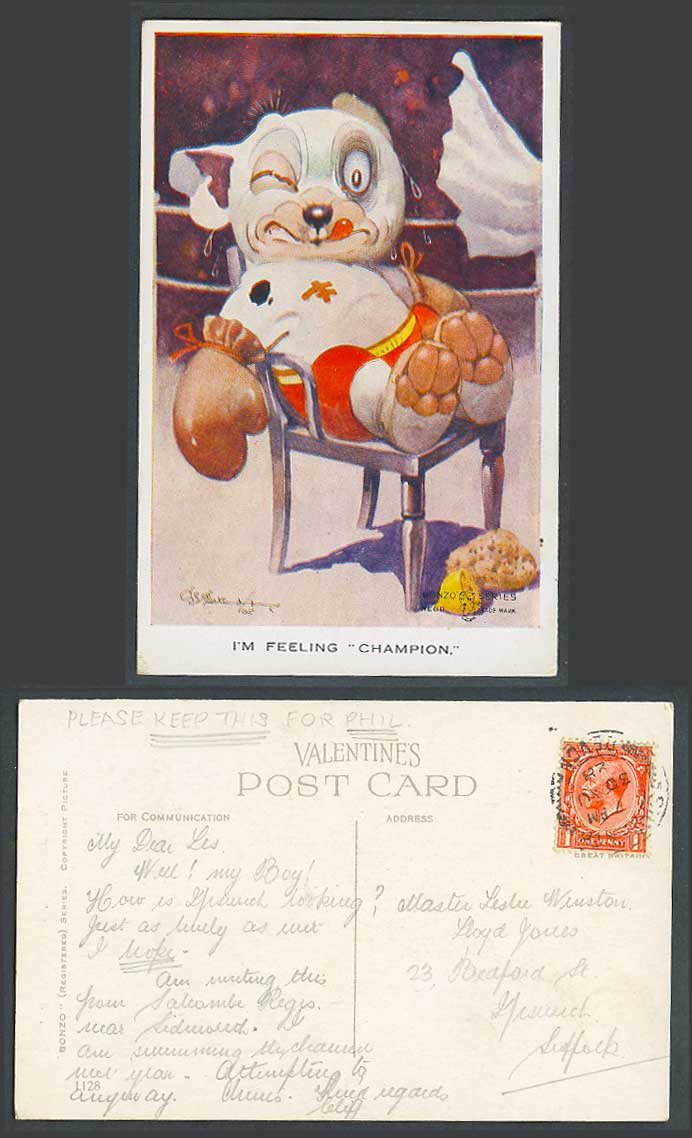 BONZO DOG G.E. Studdy 1928 Old Postcard Boxer BOXING, I'm Feeling Champion 1128