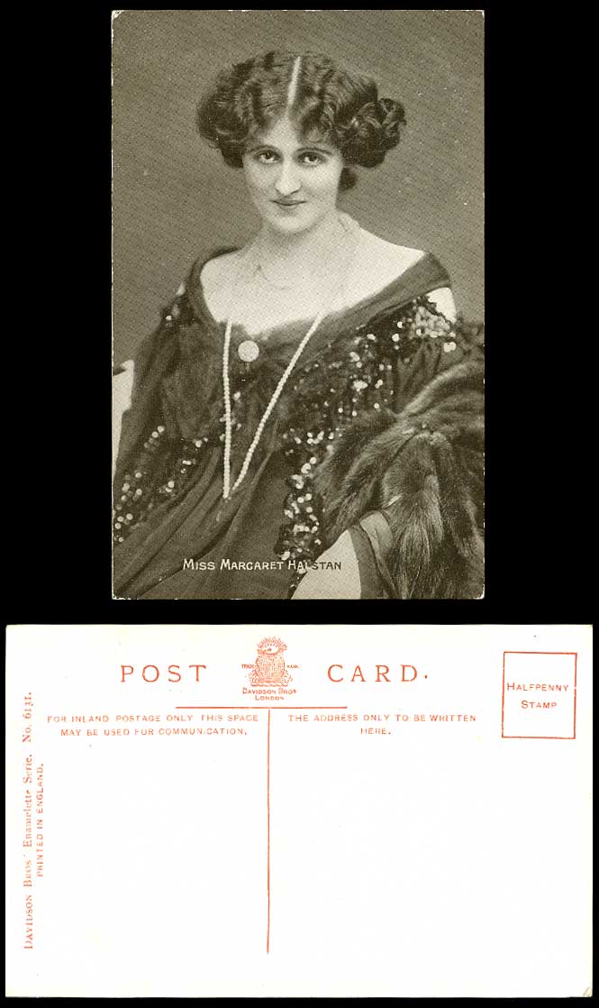 Edwardian Actress Miss MARGARET HALSTAN Necklace Fur Old Postcard Davidson Bros'