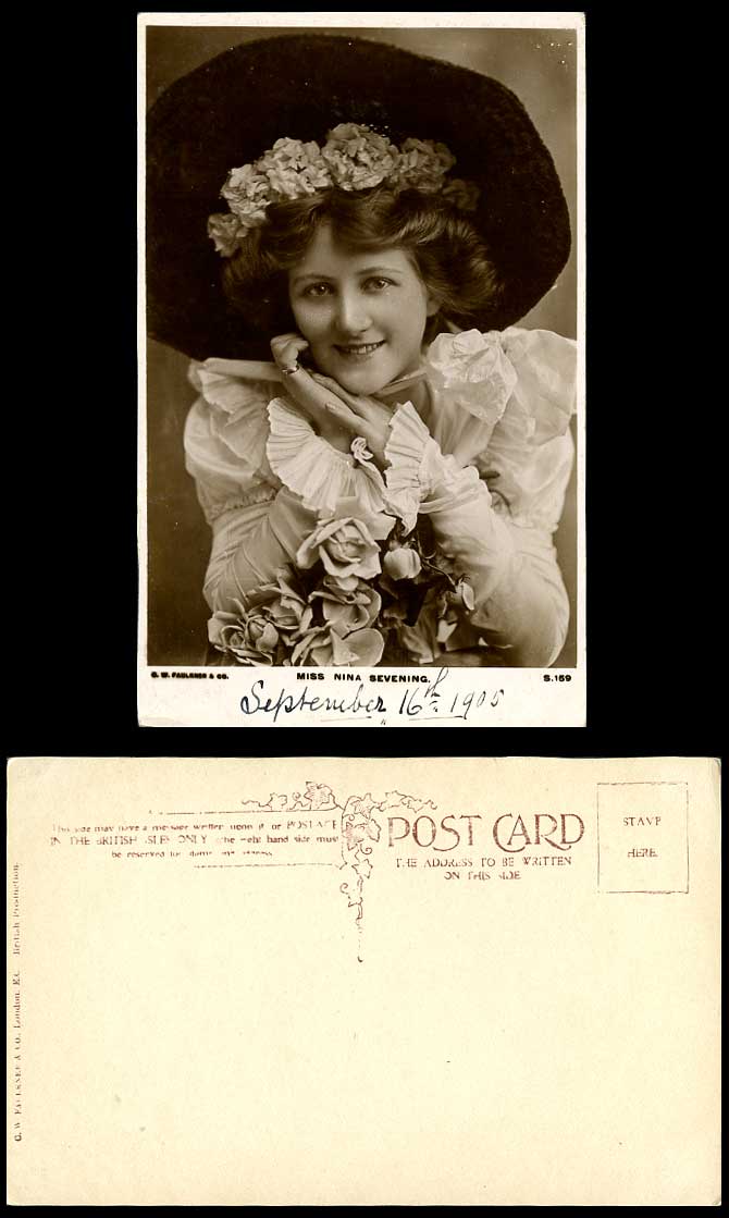 Edwardian Actress Miss NINA SEVENING Lovely Smile Roses Old Real Photo Postcard