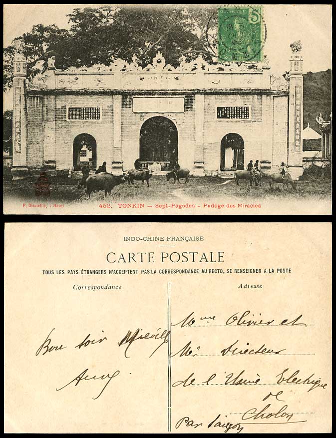 Indo-China 5c. 1908 Old Postcard Tonkin Temple Pagoda of Miracles Buffalo Riders