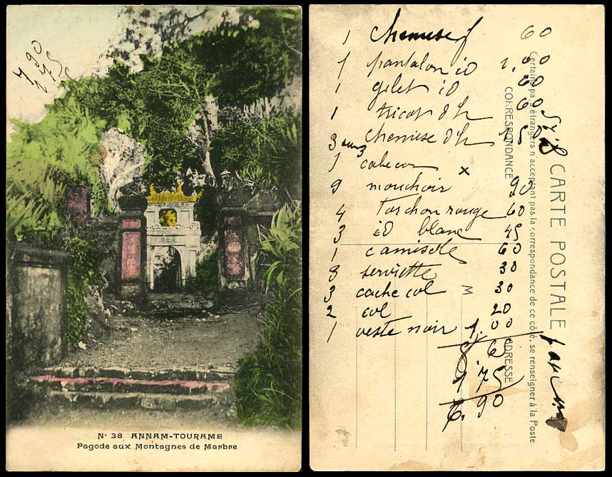 Indo-China Old Hand Tinted Postcard Annam Touram - Marble Mountain Pagoda Temple