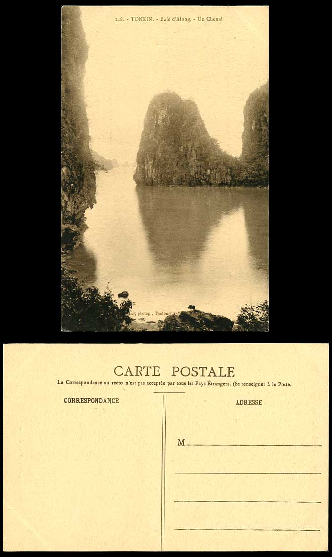 Indo-China Old Postcard Tonkin Baie d'Along Un Chenal A Channel Halong Bay Rocks